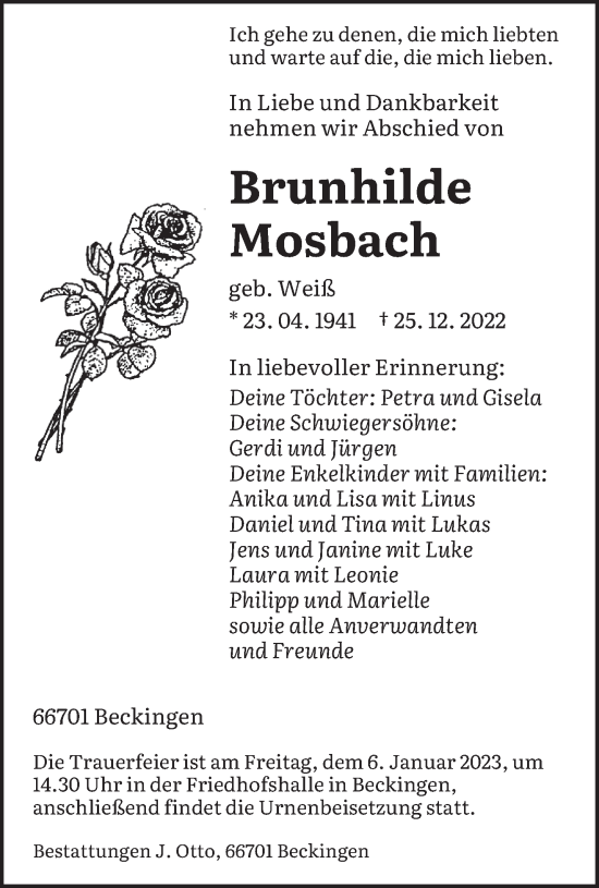 Todesanzeige von Brunhilde Mosbach von saarbruecker_zeitung