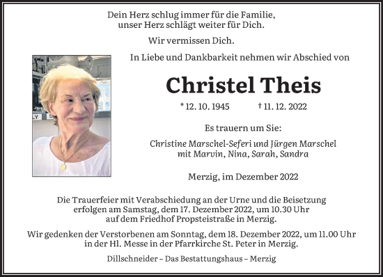 Todesanzeige von Christel Theis von saarbruecker_zeitung