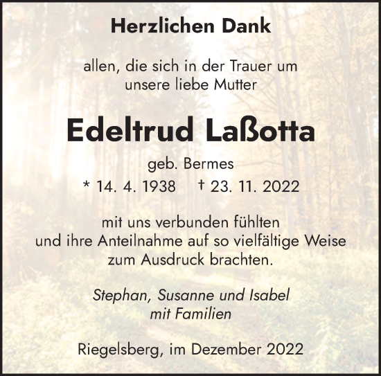 Todesanzeige von Edeltrud Laßotta von saarbruecker_zeitung