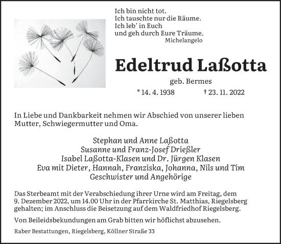 Todesanzeige von Edeltrud Laßotta von saarbruecker_zeitung