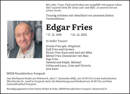 Todesanzeige von Edgar Fries von saarbruecker_zeitung