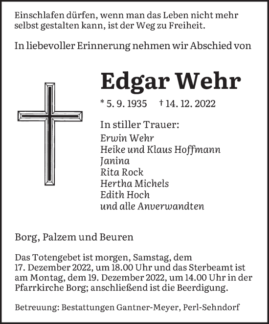 Todesanzeige von Edgar Wehr von saarbruecker_zeitung