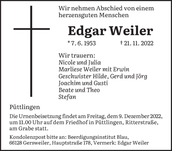 Todesanzeige von Edgar Weiler von saarbruecker_zeitung