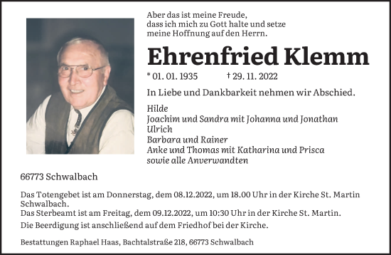 Todesanzeige von Ehrenfried Klemm von saarbruecker_zeitung