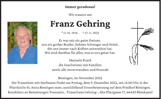 Todesanzeige von Franz Gehring von saarbruecker_zeitung