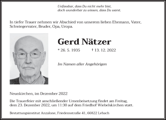 Todesanzeige von Gerd Nätzer von saarbruecker_zeitung
