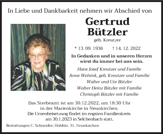 Todesanzeige von Gertrud Bützler von saarbruecker_zeitung