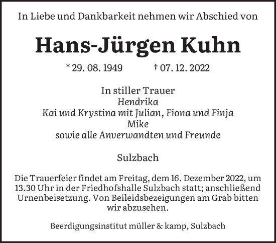 Todesanzeige von Hans-Jürgen Kuhn von saarbruecker_zeitung