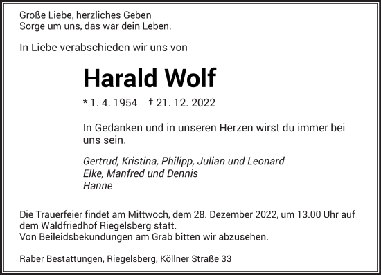 Todesanzeige von Harald Wolf von saarbruecker_zeitung