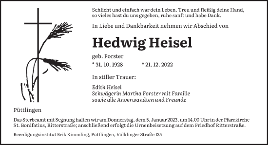 Todesanzeige von Hedwig Heisel von saarbruecker_zeitung