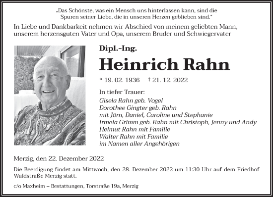 Todesanzeige von Heinrich Rahn von saarbruecker_zeitung