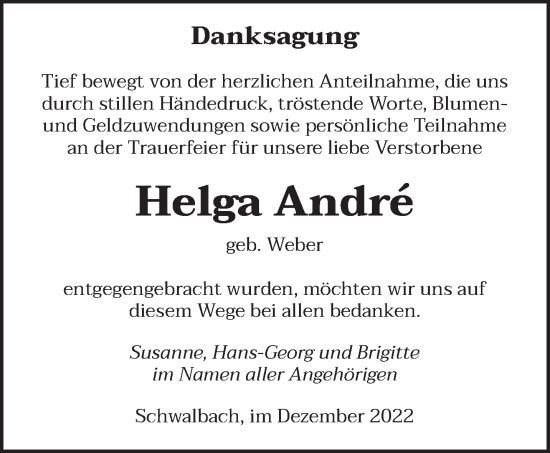 Todesanzeige von Helga Andre von saarbruecker_zeitung