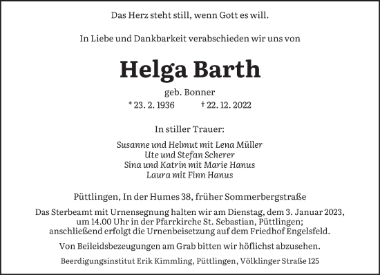 Todesanzeige von Helga Barth von saarbruecker_zeitung