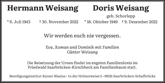 Todesanzeige von Hermann und Doris Weisang von saarbruecker_zeitung