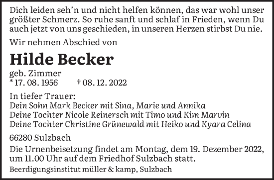 Todesanzeige von Hilde Becker von saarbruecker_zeitung