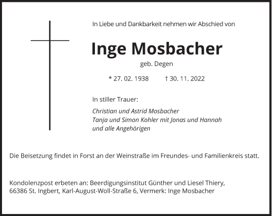 Todesanzeige von Inge Mosbacher von saarbruecker_zeitung