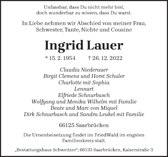 Todesanzeige von Ingrid Lauer von saarbruecker_zeitung