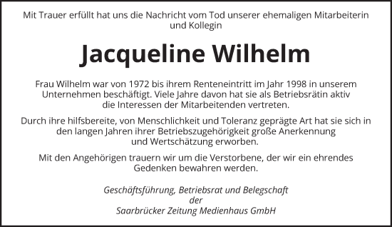 Todesanzeige von Jacqueline Wilhelm von saarbruecker_zeitung
