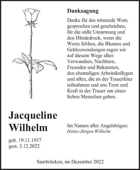 Todesanzeige von Jacqueline Wilhelm von saarbruecker_zeitung