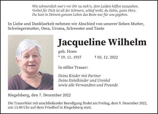 Todesanzeige von Jacqueline Wilhelm von saarbruecker_zeitung