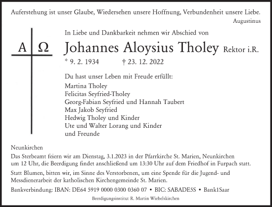 Todesanzeige von Johannes Aloysius Tholey von saarbruecker_zeitung