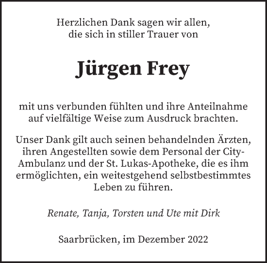 Todesanzeige von Jürgen Frey von saarbruecker_zeitung