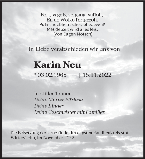 Todesanzeige von Karin Neu von saarbruecker_zeitung