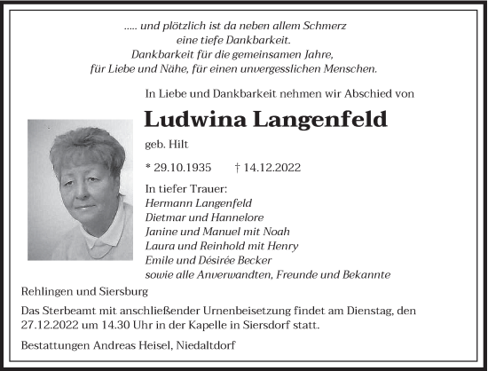 Todesanzeige von Ludwina Langenfeld von saarbruecker_zeitung