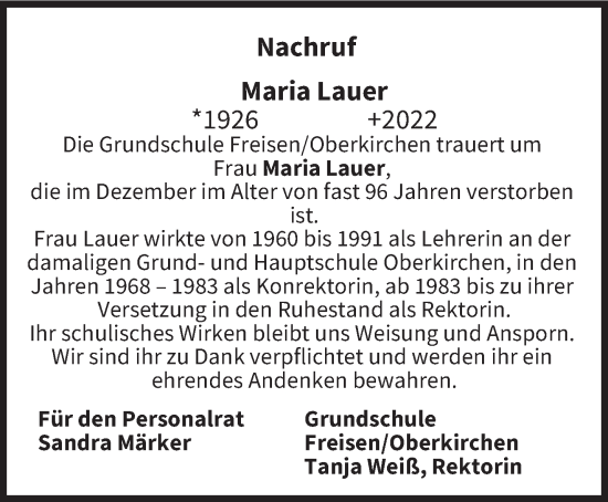 Todesanzeige von Maria Lauer von saarbruecker_zeitung
