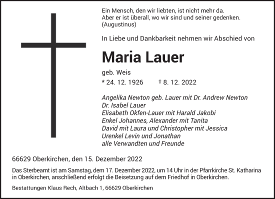 Todesanzeige von Maria Lauer von saarbruecker_zeitung