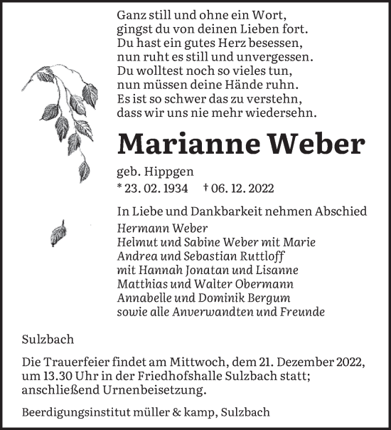 Todesanzeige von Marianne Weber von saarbruecker_zeitung