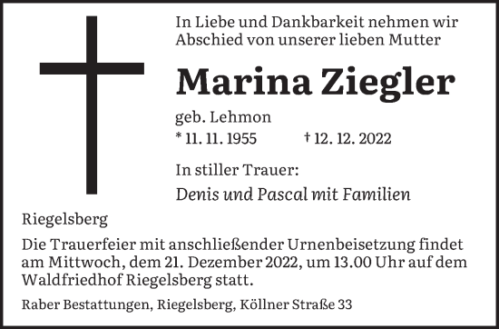 Todesanzeige von Marina Ziegler von saarbruecker_zeitung