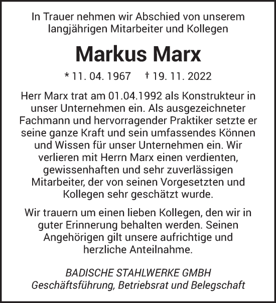Todesanzeige von Markus Marx von saarbruecker_zeitung