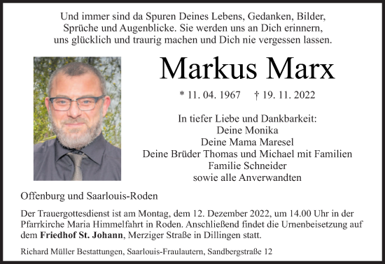 Todesanzeige von Markus Marx von saarbruecker_zeitung