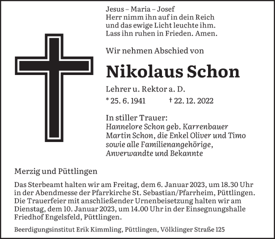 Todesanzeige von Nikolaus Schon von saarbruecker_zeitung