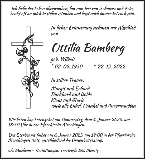 Todesanzeige von Ottilia Bamberg von saarbruecker_zeitung