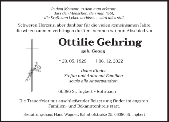 Todesanzeige von Ottilie Gehring von saarbruecker_zeitung