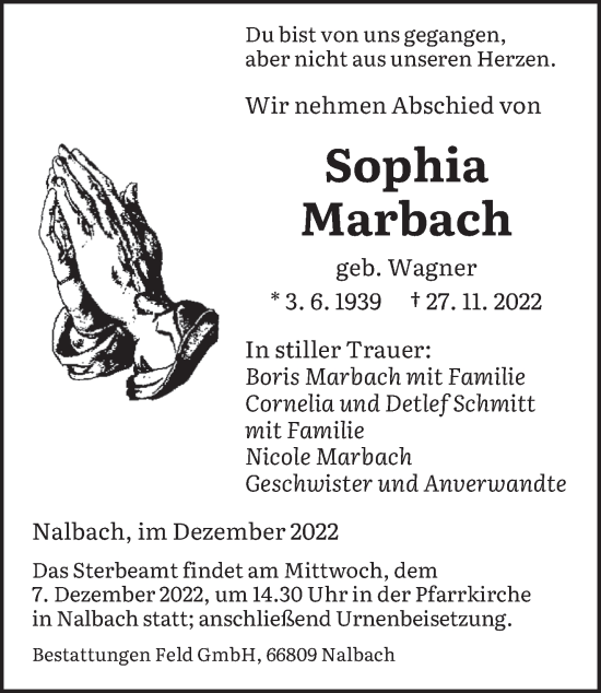 Todesanzeige von Sophia Marbach von saarbruecker_zeitung