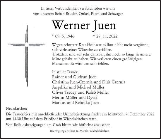 Todesanzeige von Werner Juen von saarbruecker_zeitung