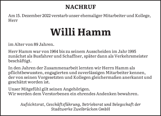 Todesanzeige von Willi Hamm von saarbruecker_zeitung