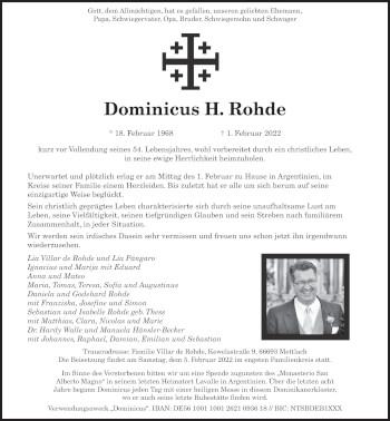 Todesanzeige von Dominicus H. Rohde von saarbruecker_zeitung