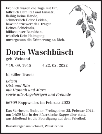 Todesanzeige von Doris Waschbüsch von saarbruecker_zeitung