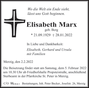 Todesanzeige von Elisabeth Marx von saarbruecker_zeitung