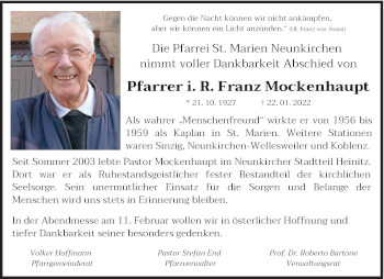 Todesanzeige von Franz Mockenhaupt von saarbruecker_zeitung