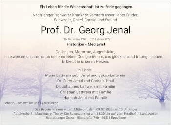 Todesanzeige von Georg Jenal von saarbruecker_zeitung