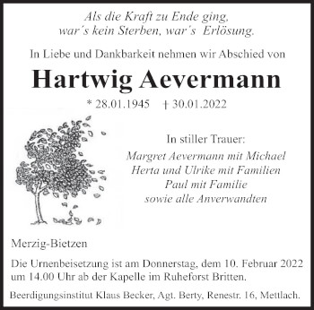 Todesanzeige von Hartwig Aevermann von saarbruecker_zeitung