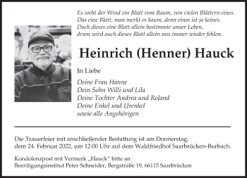 Todesanzeige von Heinrich Hauck von saarbruecker_zeitung