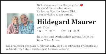 Todesanzeige von Hildegard Maurer von saarbruecker_zeitung