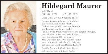 Todesanzeige von Hildegard Maurer von saarbruecker_zeitung