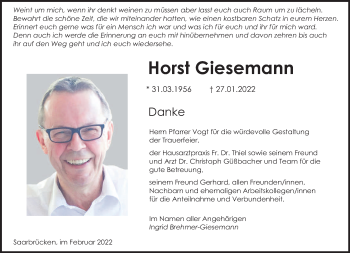 Todesanzeige von Horst Giesemann von saarbruecker_zeitung